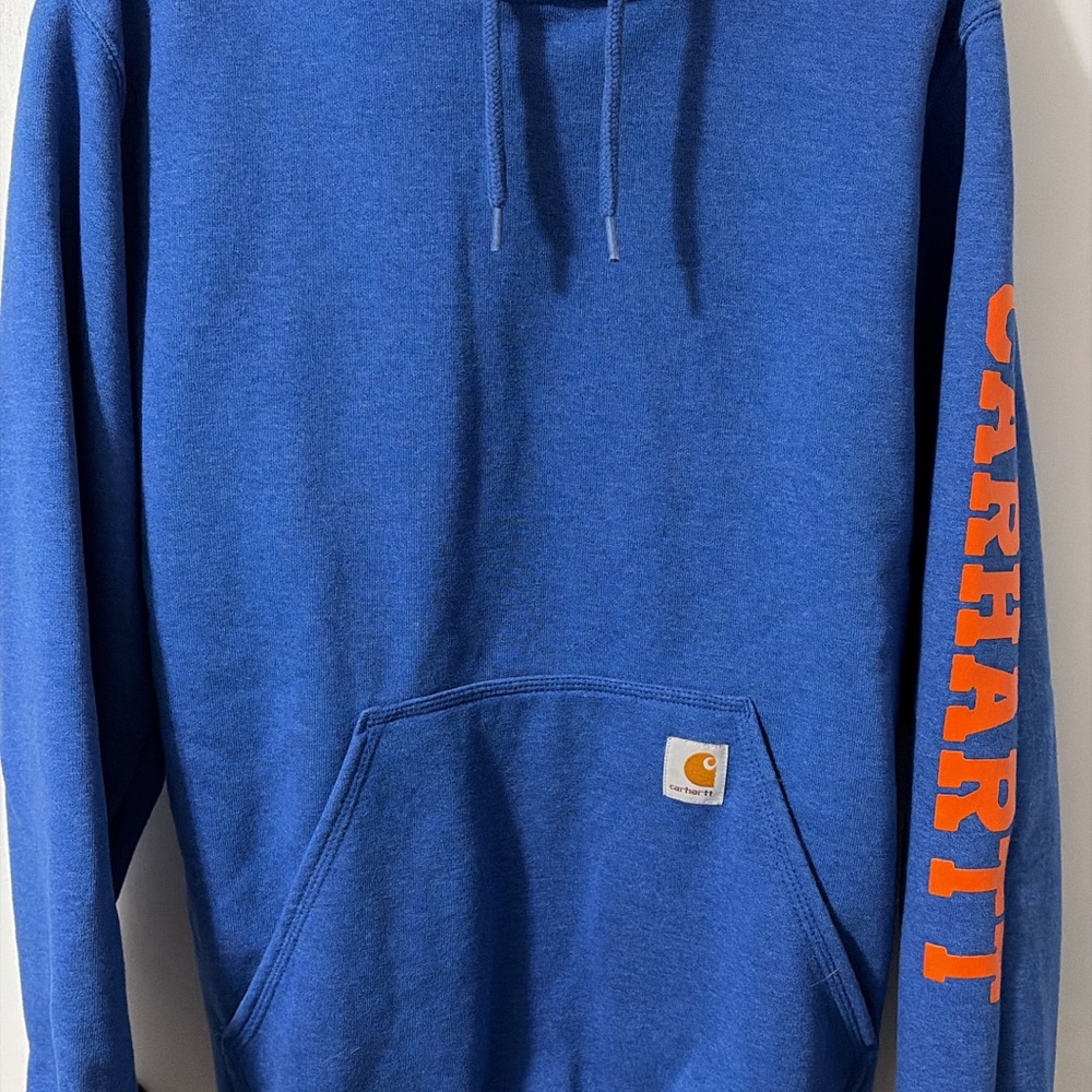 Carhartt Royal Blue Hoodie with Vibrant Orange Lettering